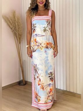 Sleeveless Pink Tropical Print Maxi Dress